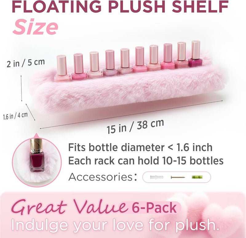 YMVV Nail Polish Wall Shelf - 15-Inch Furry Plush Display & Organizer Rack, Holds 60+ Polishes, Soft Ledge for Bedroom, Bathroom, Salon - Protects Bottles from Scratches，6 Pack Pink - Image 3